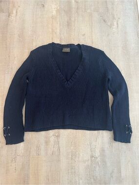 Wooden Ships Navy V-Neck Ribbed Sweater with Lace-Up Cuffs